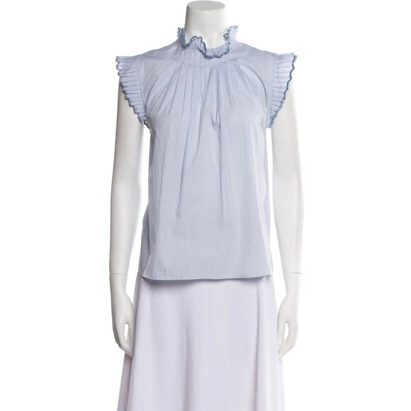 Frame Boho Ruffle Pleated Sleeveless Pinstripe Top Blue/White Sz M Retail $255 - Picture 7 of 14